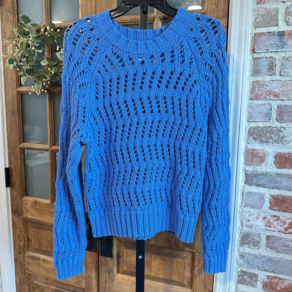 American Eagle Sweater Womens Medium Blue Open Knit Crewneck Long Sleeve Cotton